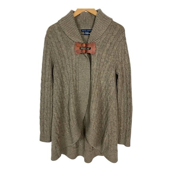 Ralph Lauren Blue Label Sz M Wool/Cashmere Shawl Neck Cardigan Taupe Buckle - Picture 1 of 12